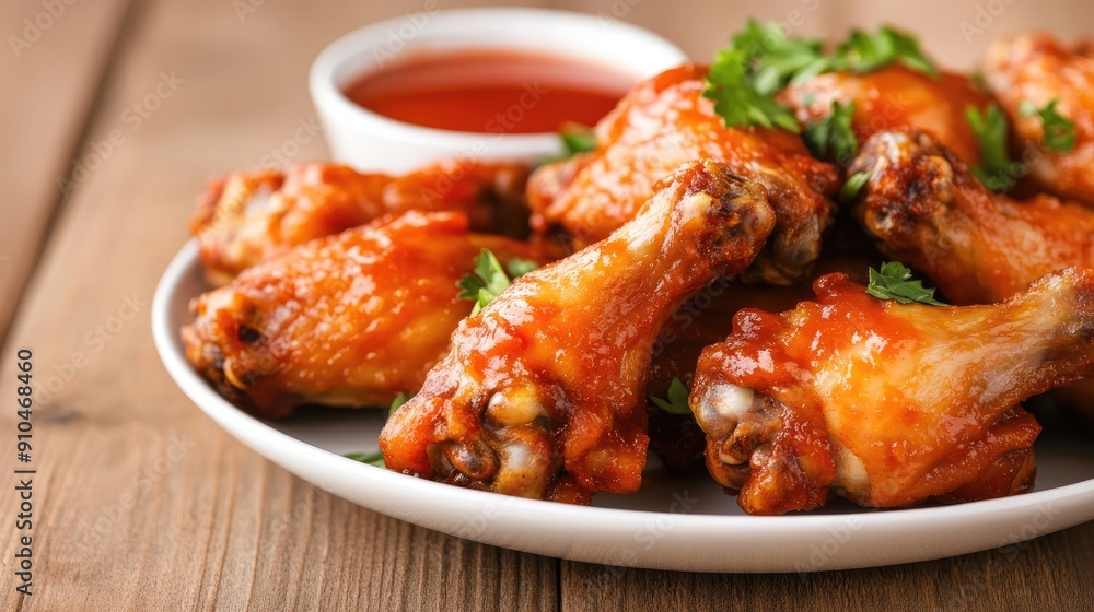 A plate of spicy chicken wings garnished with fresh herbs alongside a small bowl of tangy dipping sauce A plate of spicy chicken wings garnished with fresh herbs alongside a small bowl of tangy dipping sauce