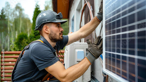 Skilled technician is working on the installation of a solar panel system for a modern heat pump, connecting wires and installing brackets