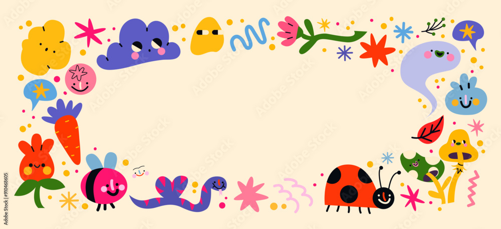 Cartoon doodle frames banner in the retro groovy 90s style. Hippie comic design elements, flowers, pets, fruits. Acid bright sticker pattern
Cartoon doodle frames banner in the retro groovy 90s style. Hippie comic design elements, flowers, pets, fruits. Acid bright sticker pattern