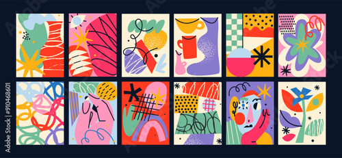 Abstract shapes posters. Various forms compositions in cartoon trendy style of Matisse. 90s decor for wall. Minimalist banners for wall decor, prints, wallpaper.