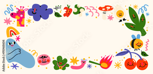 Cartoon doodle frames banner in the retro groovy 90s style. Hippie comic  design elements, flowers, pets, fruits. Acid bright sticker pattern	
