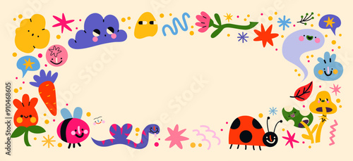 Cartoon doodle frames banner in the retro groovy 90s style. Hippie comic  design elements, flowers, pets, fruits. Acid bright sticker pattern	
