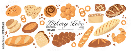 Bakery stickers pastries, bread, croissants, baguette, cookies. Vector labels, patches, sweet pastries, candies, products.	