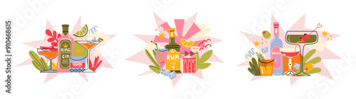 Alcoholic drinks and cocktails with abstract shapes. Cool fruit drinks, prosecco, gin, rum with ice for a party. Shapes in cartoon retro doodle groovy style of the 90s