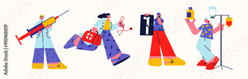 Cartoon characters doctors and ambulance workers. Medical nurses help people recover from illness. Retro mascots doctors with masks and gloves in white coats	