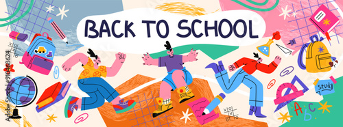 Back to school banner. School supplies, stationery, students. Abstract banner poster with hand drawn cartoon doodle design elements.