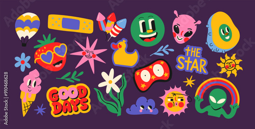 Set cute cartoon doodle stickers in the retro groovy 90s style. Hippie design elements,sweets, pets, ufo. Acid bright sticker pack	