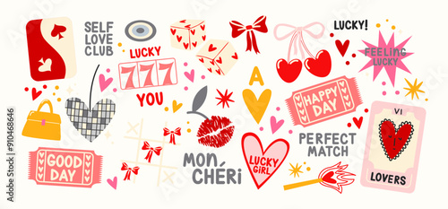 Lucky girls cartoon cute stickers. Set of girly patches of girl power badges in retro doodle groovy vintage 90s style