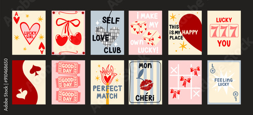 Abstract Lucky girl posters. Trendy bows, girly things, party, hearts, cherries, dice with positive quotes. Cartoon doodle groovy banners for greeting cards and posters