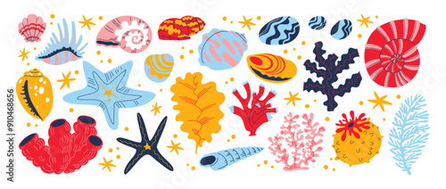 Sea seashells, beach inhabitants, crab, mollusks, corals, ocean exotic starfish. Vector retro cartoon nautical pattern. Modern trendy flat illustration