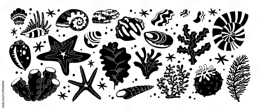 Fototapeta premium Cartoon seashells. Sea beach inhabitants, crab, mollusks, corals, ocean exotic starfish. Vector retro nautical pattern. Modern trendy flat illustration 