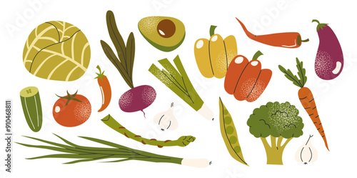 Vegetable set: cabbage, tomato, avocado, rs, celery, carrots, pepper. Vegetarian farm products from the garden hand-drawn in cartoon doodle style