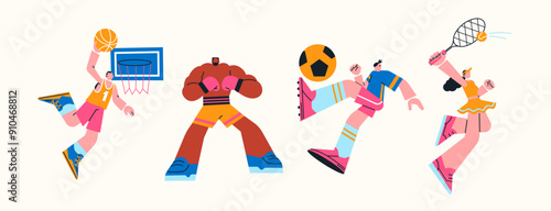 Cartoon mascots characters athletes. Active sports basketball, football, tennis, boxing. People sportsmans in uniform work out in the gym