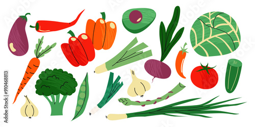 Vegetable set: cabbage, tomato, avocado, rs, celery, carrots, pepper. Vegetarian farm products from the garden hand-drawn in cartoon doodle style