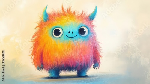 whimsical illustration of cute monster pastel colors fluffy texture friendly expression playful design childlike charm imaginative creature soft edges and shapes