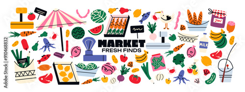 Set of farm products from the market. Fruits, vegetables, meat, fish from street stalls and fairs. Natural home-made organic ingredients from the garden. Food stickers