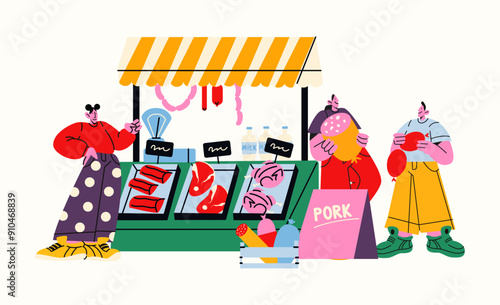 Farmers meat market, street fair stalls. Cartoon shop with organic products: beef, chicken, pork, sausages, homemade meat products . Retro characters mascots buyers and sellers make purchases