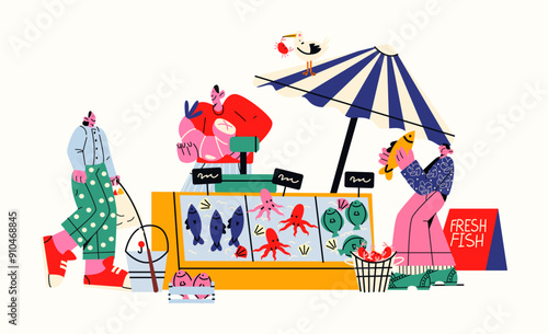 Farmers fish market, street fair stalls. Cartoon shop with organic products: seafood, fresh fish, crabs and squid. Retro characters mascots buyers and sellers make purchases 
