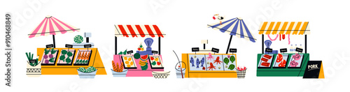 Farmers market, street fair stalls. Cartoon illustration of stalls with organic products, vegetables, fish, meat. Retro characters mascots buyers and sellers make purchases of ingredients.
