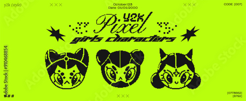 Future retro cartoon pixel head character in Y2K style. Cyber girls with stars for 90s design. Collection of vector funky objects	