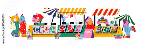 Farmers market, street fair stalls. Cartoon illustration of stalls with organic products, vegetables, fish, meat. Retro characters mascots buyers and sellers make purchases of ingredients.