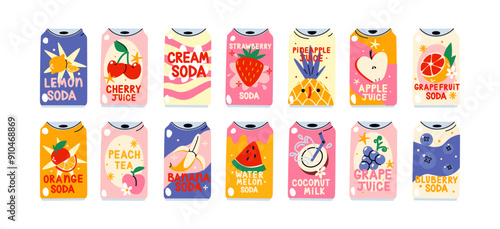 Cartoon cans of carbonated soda drinks and cold fizzy juices. Fruit cocktails, lemonades, fresh juices in tin aluminum bottles. Vector set in retro 90s groovy style