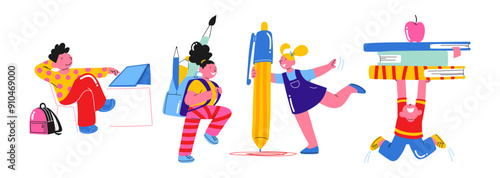 Back to school cartoon characters school children's and students. Doodle mascots with stationery supplies, teenagers with backpacks, books. Set retro groovy mascots in 90s style