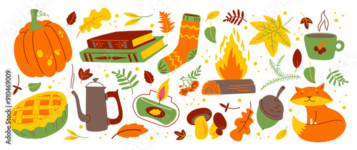 Cartoon autumn stickers. Set of autumn elements: leaves, blanket, sweater, pumpkin, food. Cozy hygge shapes in Scandinavian doodle style, warm colors