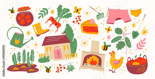 Cartoon village stickers. Set of garden elements: leaves, granny, fireplace, pie, gardening tools, flowers. Cozy hygge shapes in Scandinavian doodle style. Cottagecore set.