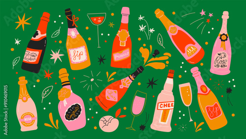 Cartoon prosecco cocktails in glass jars and glasses, a set of alcoholic drinks. Retro cans of refreshing drinks with ice for party. cocktail ingredients. trending doodle stickers