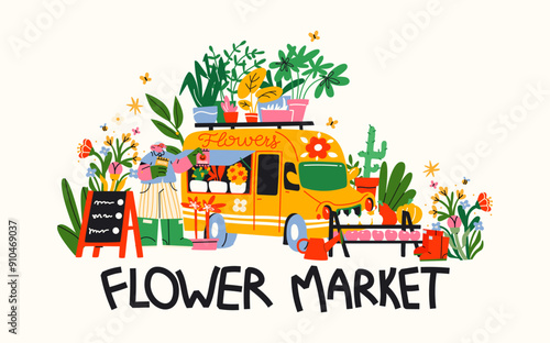 Trailer flower shop with counters of bouquets of flowers and plants. Cartoon van car shops gardener sells leaves, roses, seedlings, fertilizers, succulents. Farmer's market, street fair. Bus shop 
