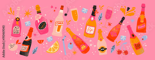 Cartoon prosecco cocktails in glass jars and glasses, a set of alcoholic drinks. Retro cans of refreshing drinks with ice for party. cocktail ingredients. trending doodle stickers