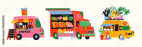 Trailers with street food stalls. Cartoon van car shops sell coffee, flowers, vegetables and fruits. Farmers market, street fair. Bus shop with organic products in cartoon retro style