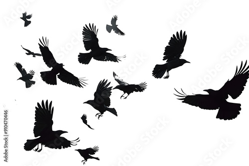 flock of flying crows , png file of isolated cutout object on transparent background.::