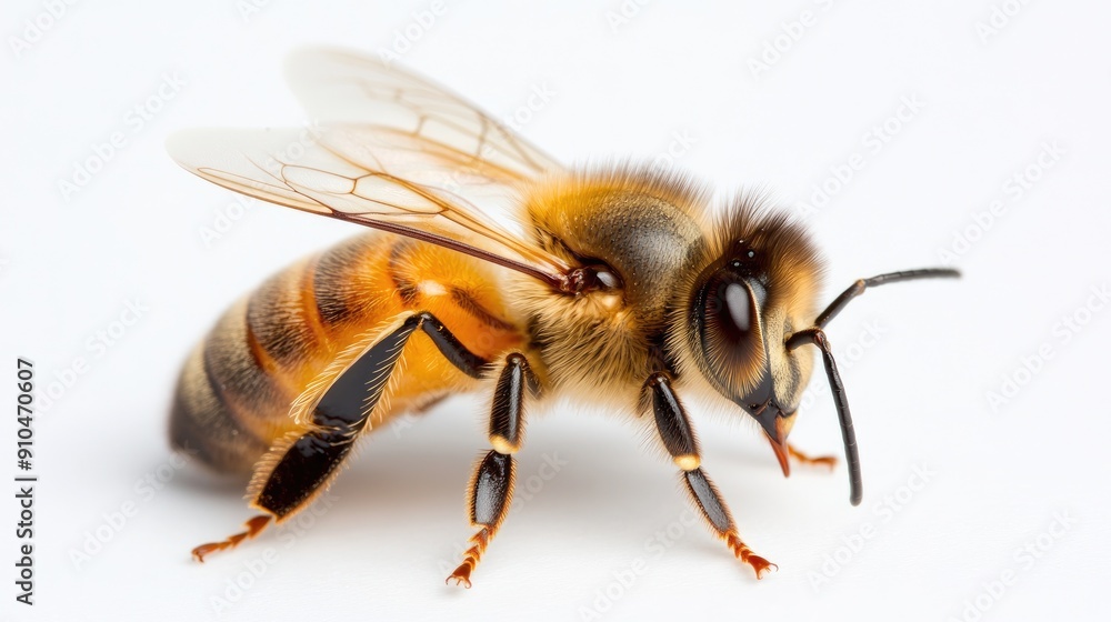A honey bee showcases its intricate body structure and wings against a clean white background, emphasizing its significance in nature A honey bee showcases its intricate body structure and wings against a clean white background, emphasizing its significance in nature
