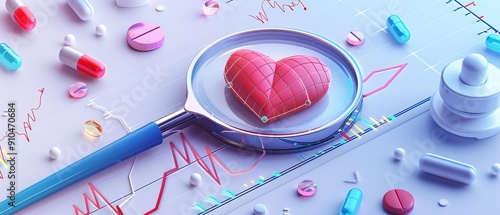 Magnifying glass with heart, graph with heartbeat and medicines, concept of health and medical care