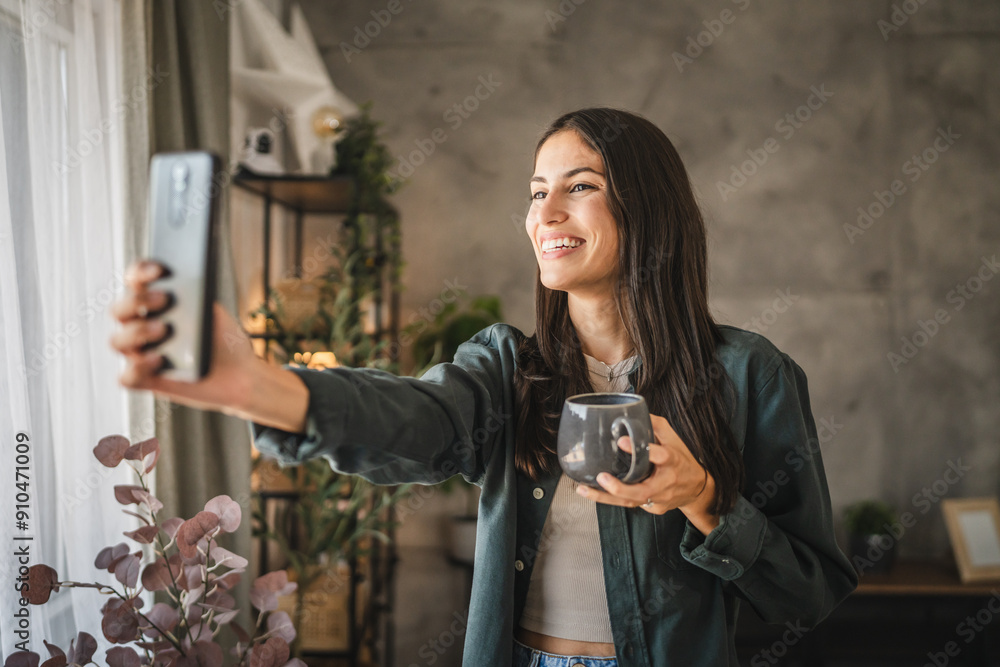 © Miljan Živković - Self portrait of adult young woman, stand smile with cup of coffee © Miljan Živković - Self portrait of adult young woman, stand smile with cup of coffee