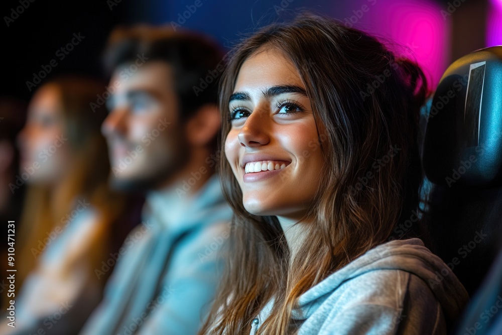 The girl in the cinema looks at the screen with admiration The girl in the cinema looks at the screen with admiration