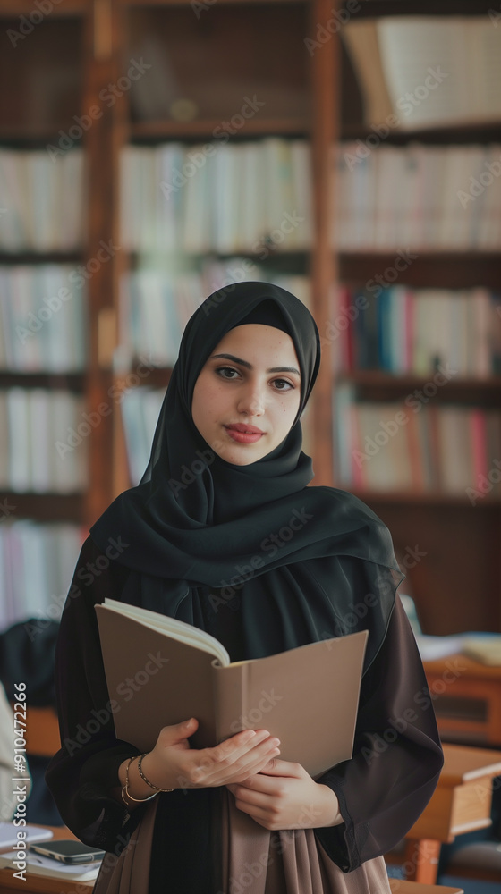 Young muslim student woman wearing a hijab is standing in a library and holding a book Young muslim student woman wearing a hijab is standing in a library and holding a book