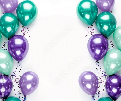 Festive shiny green and purple balloons surrounded empty blank frame banner backgrounds, for birthday party, anniversary, Valentine's Day, Christmas Day product display.