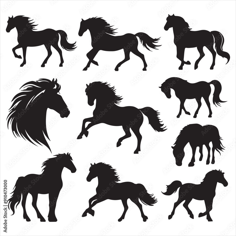 black horse silhouette set with white background black horse silhouette set with white background