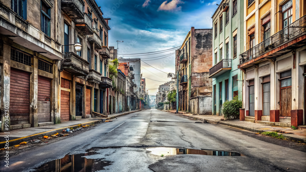 Fototapeta premium Empty urban street with worn-out asphalt and old buildings in the background, no signs or advertisements in sight, conveying a sense of desolation.