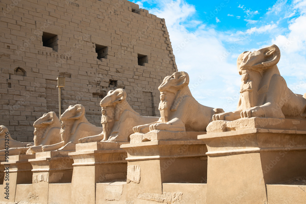 Beautiful view of ram sculptures in ancient Karnak Temple in Luxor, Egypt