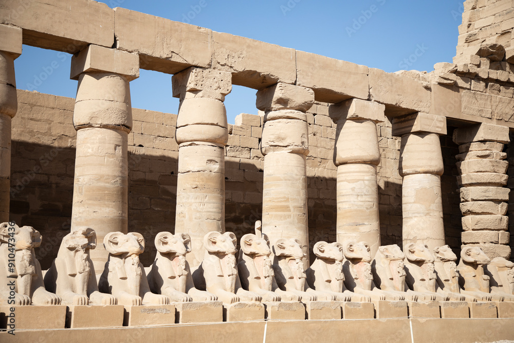 Beautiful view of ram sculptures in ancient Karnak Temple in Luxor, Egypt