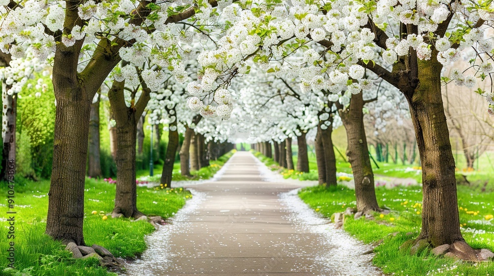 Path lined with trees bearing white flowers and lush green grass Path lined with trees bearing white flowers and lush green grass