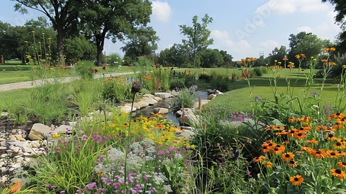  Lush green fields filled with flowers, trees, and beside a river