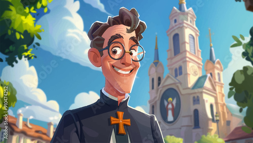 Happy Smiling Priest in Background of Church Cartoon Environment for Adventure Mobile Game Illustration Religious Setting Church Interior Clergy Character Faith Community Graphics