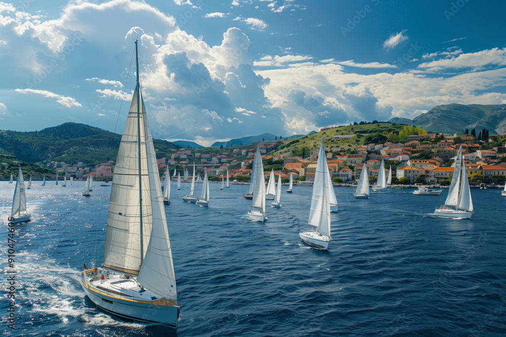 Obraz premium Sailboats Gracefully Departing for Regatta Amidst Stunning Coastal Landscape at Daybreak