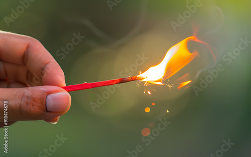 Burning red matchstick hand close up vibrant orange yellow flames summer bonfire concept 