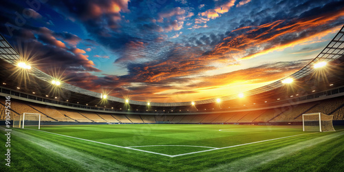 Evening atmosphere at a stadium, floodlights illuminate the empty football pitch, green grass and white lines stretching towards the horizon, dramatic shadows abound.